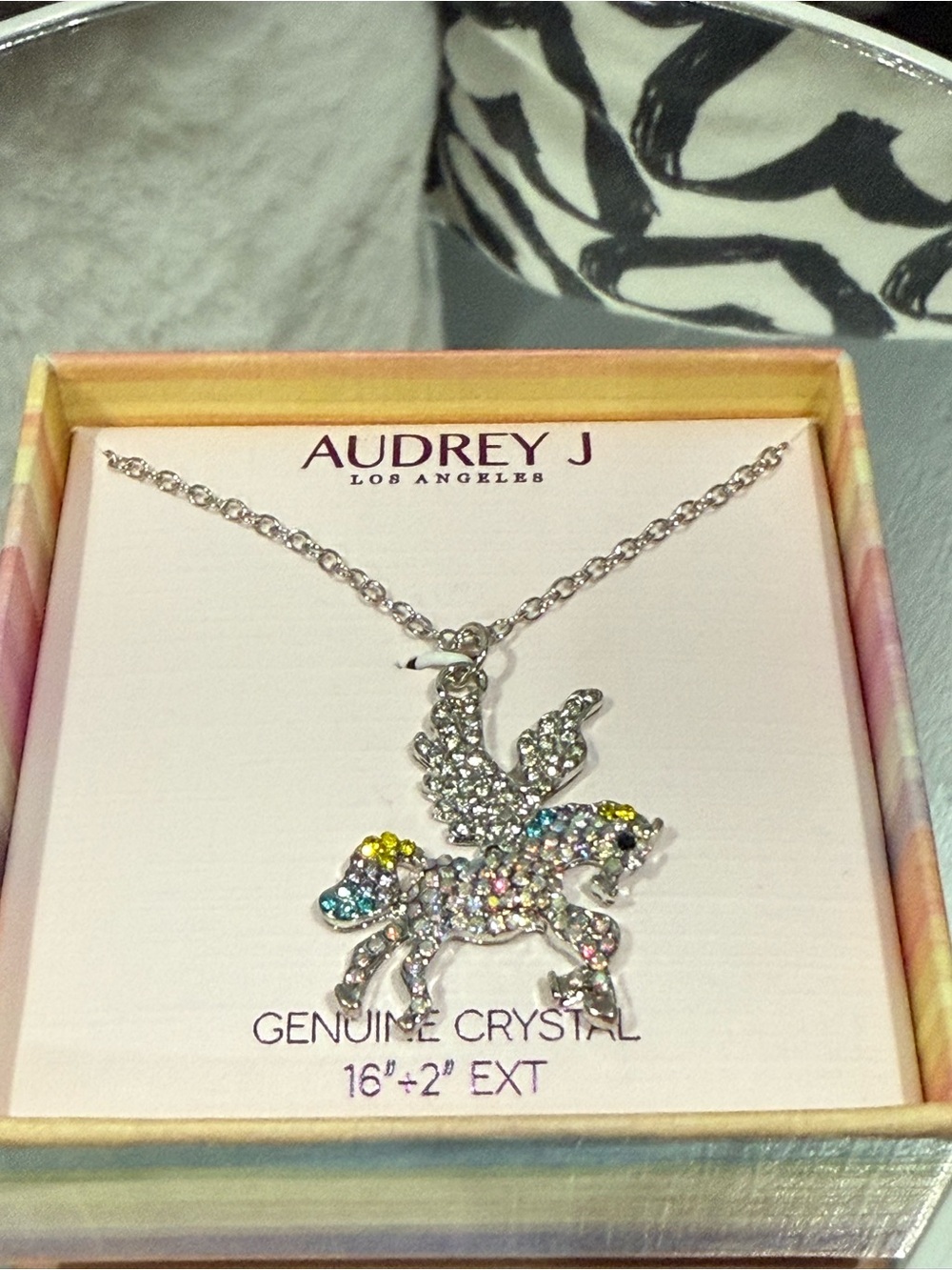 Audrey J Silver-Tone Multicolor Crystal Pegasus Necklace Genuine Crystal.